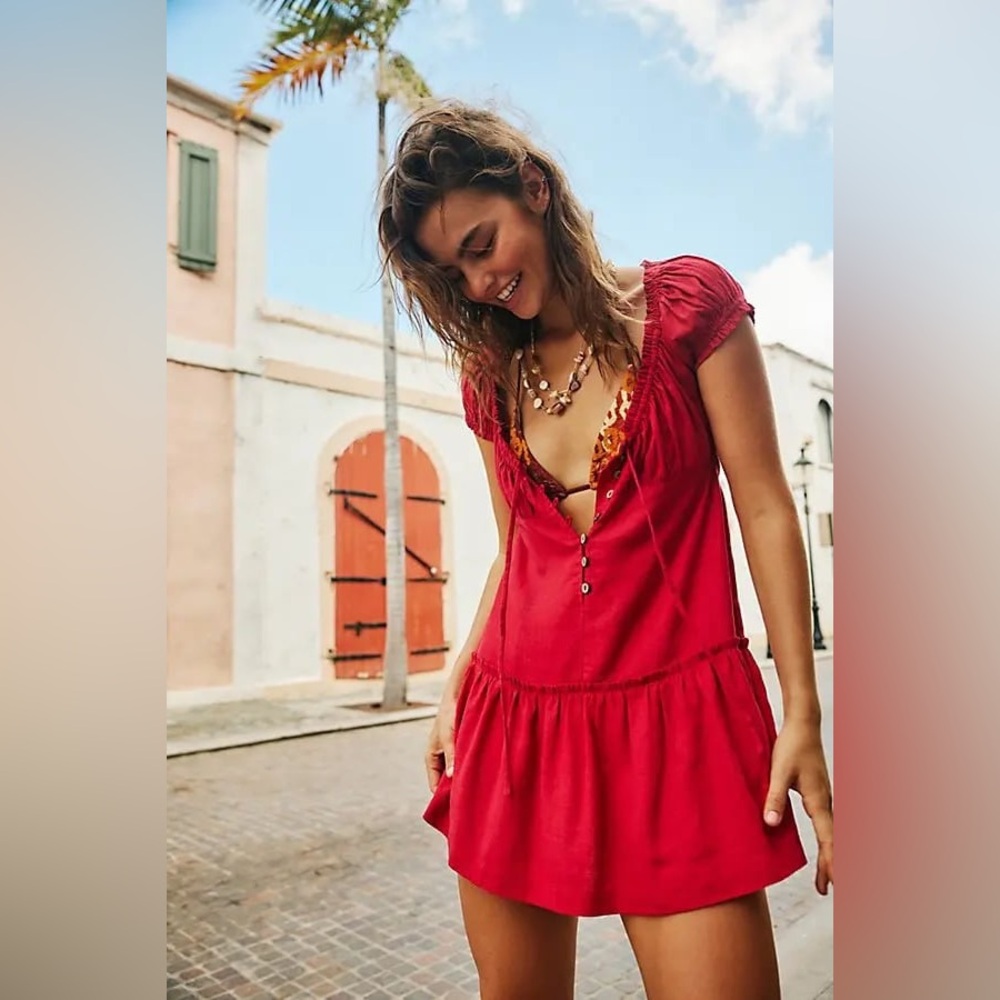Free people Perri Linen Drop-Waist Mini Dress - Wild Rose Red Sz Small rayon - Picture 5 of 13